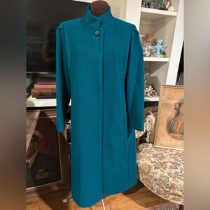 Vintage Mackintosh Teal Long Women's Coat with Stand Collar
